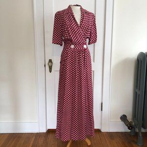Vintage Collared Polkadot Wrap Full Length Maxi Dress